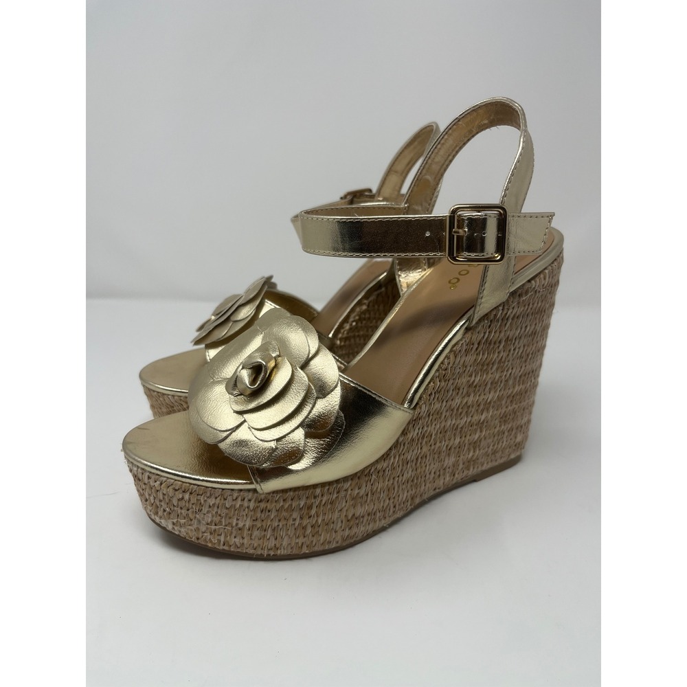 Bamboo Metallic Floral Rosette Raffia Platform Wedge Sandals Women 9 Gold Disco